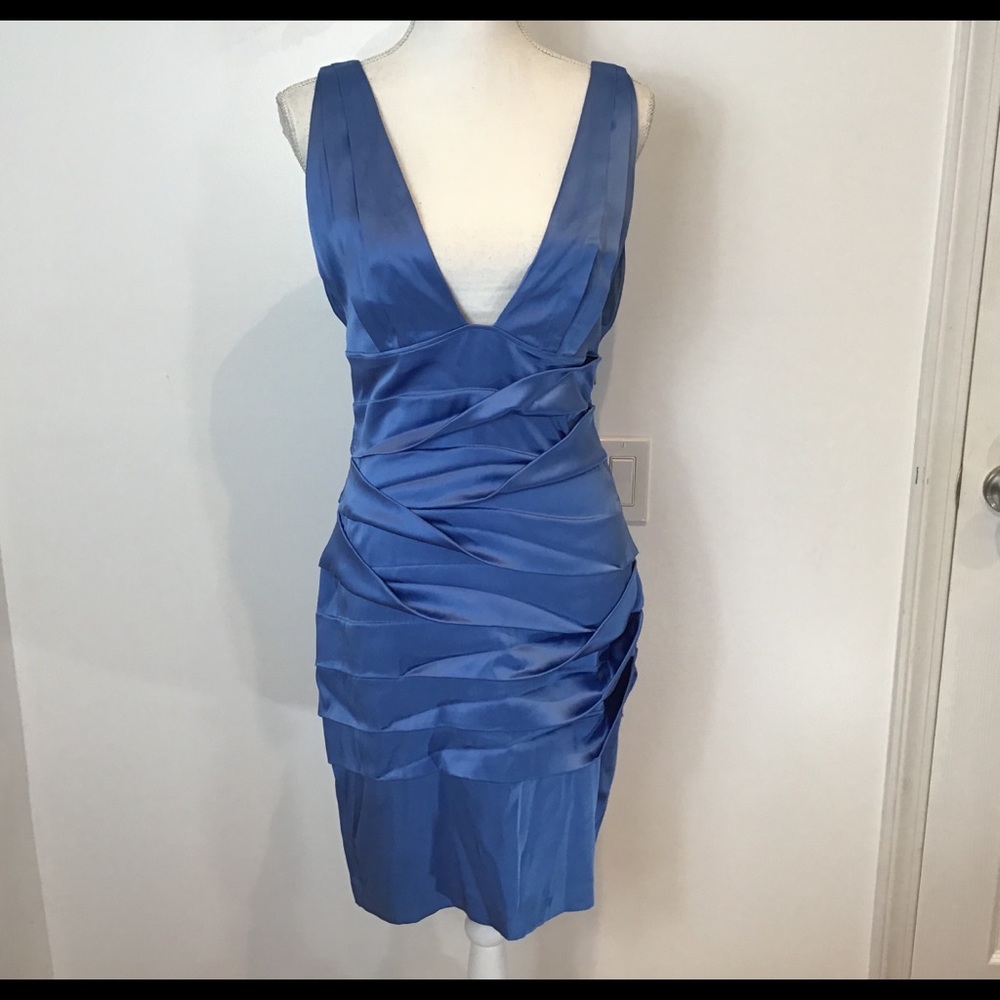 SILK ROBERTO CAVALLI LOW CUT DRESS RUCHED BLUE SZ 8